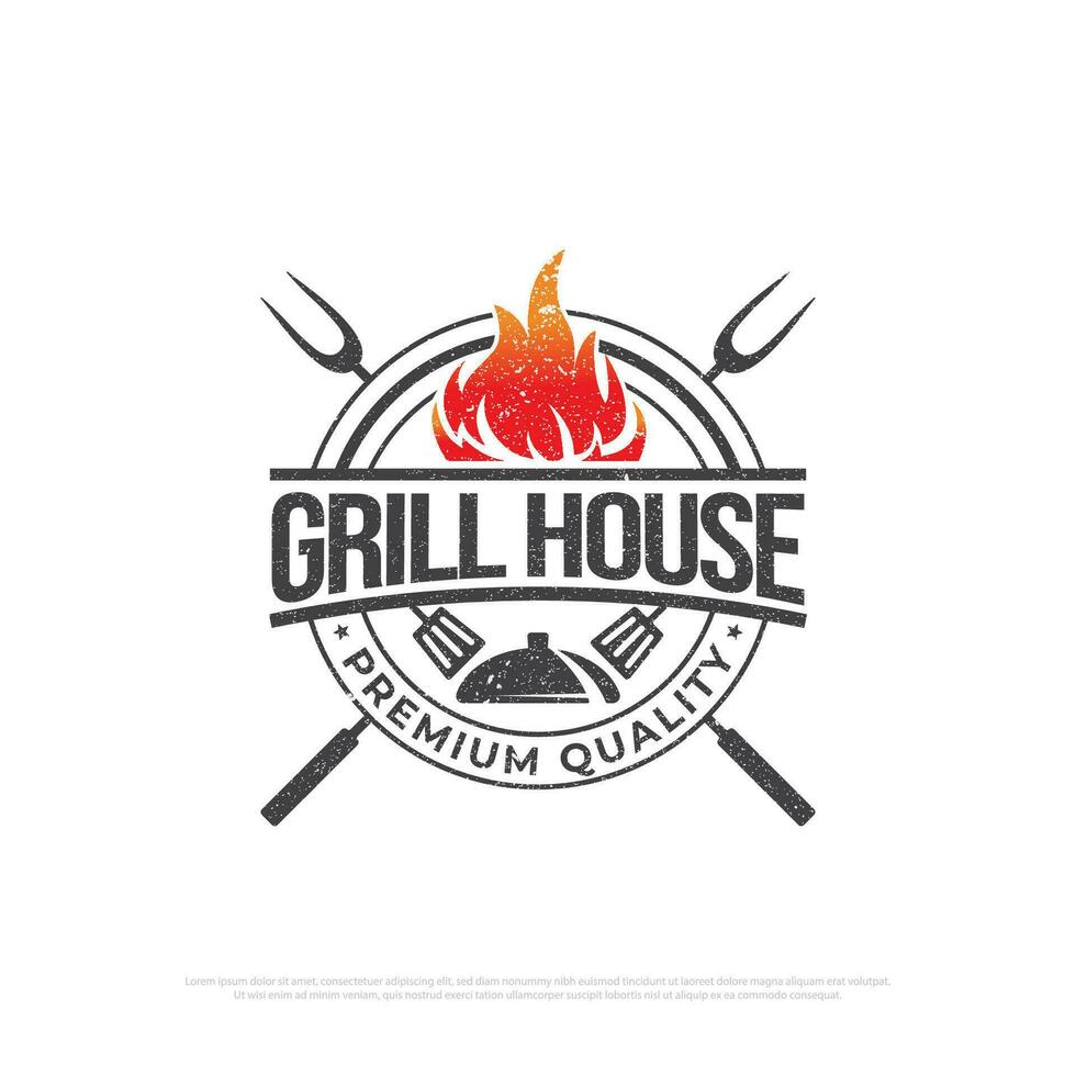 Grill Haus Grill rustikal Logo Design, retro Grill Vektor, Grill Bar und Restaurant Symbol, rot Feuer Symbol vektor