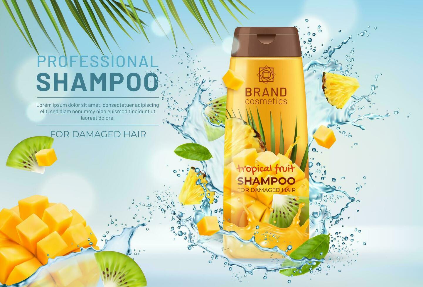 realistisch Obst Shampoo Flasche mit Wasser Spritzen vektor