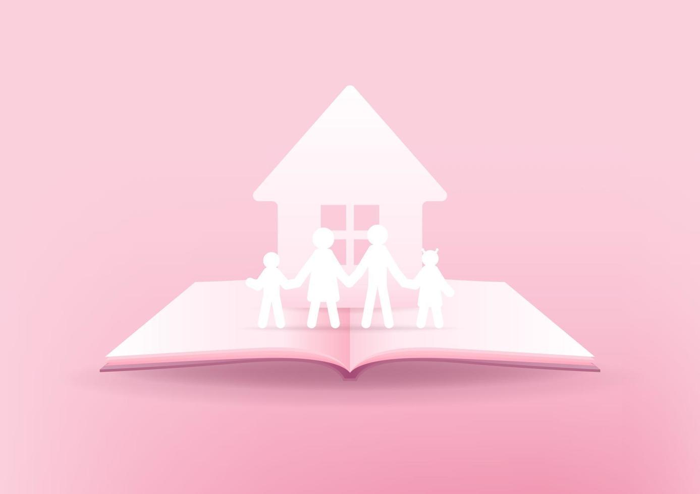 offenes Buch der glücklichen Familie. Haus- und Familienpapier 3d auf rosa Hintergrund. glückliches Familienkonzept. vektor
