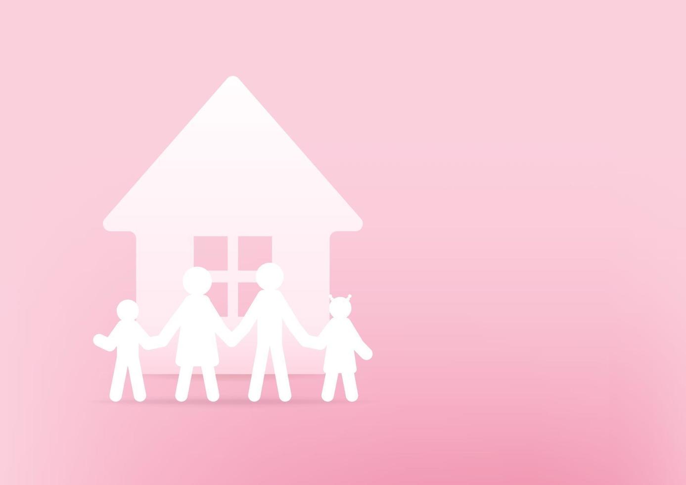 Haus- und Familienpapier 3d auf rosa Hintergrund. glückliches Familienkonzept. vektor