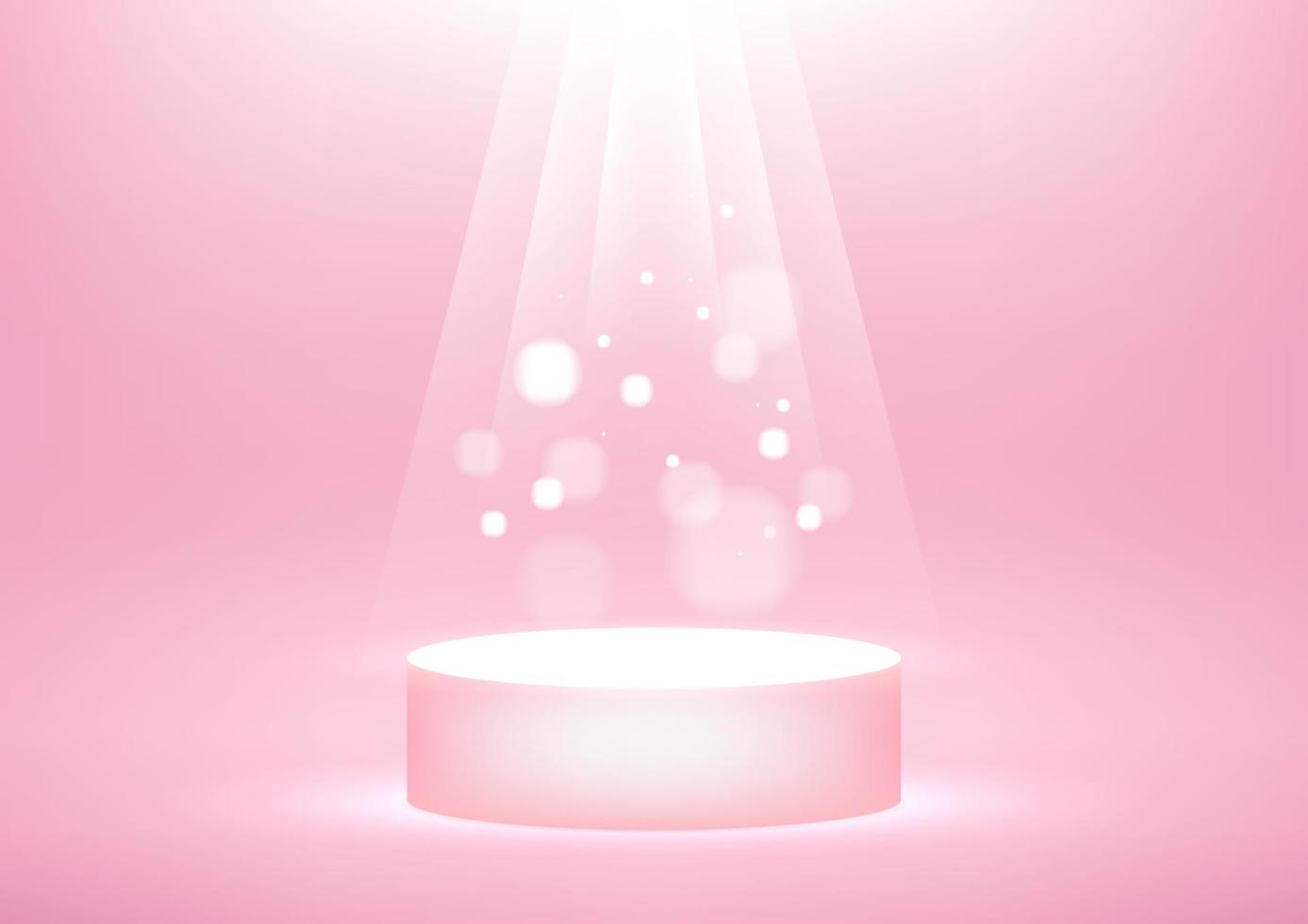 tomt podium med ljusa gnistrande ljusstrålar på rosa bakgrund för produktvisning med kopieringsutrymme. vektor