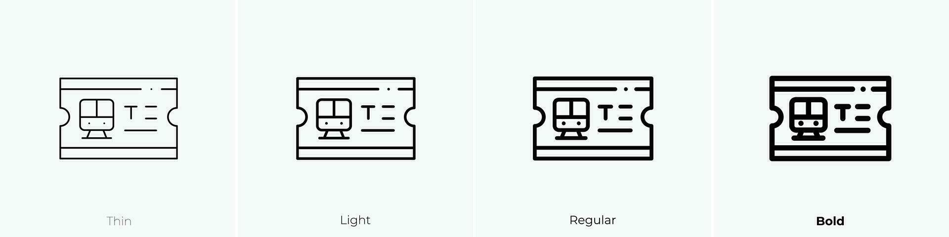 Zug Fahrkarte Symbol. dünn, Licht, regulär und Fett gedruckt Stil Design isoliert auf Weiß Hintergrund vektor