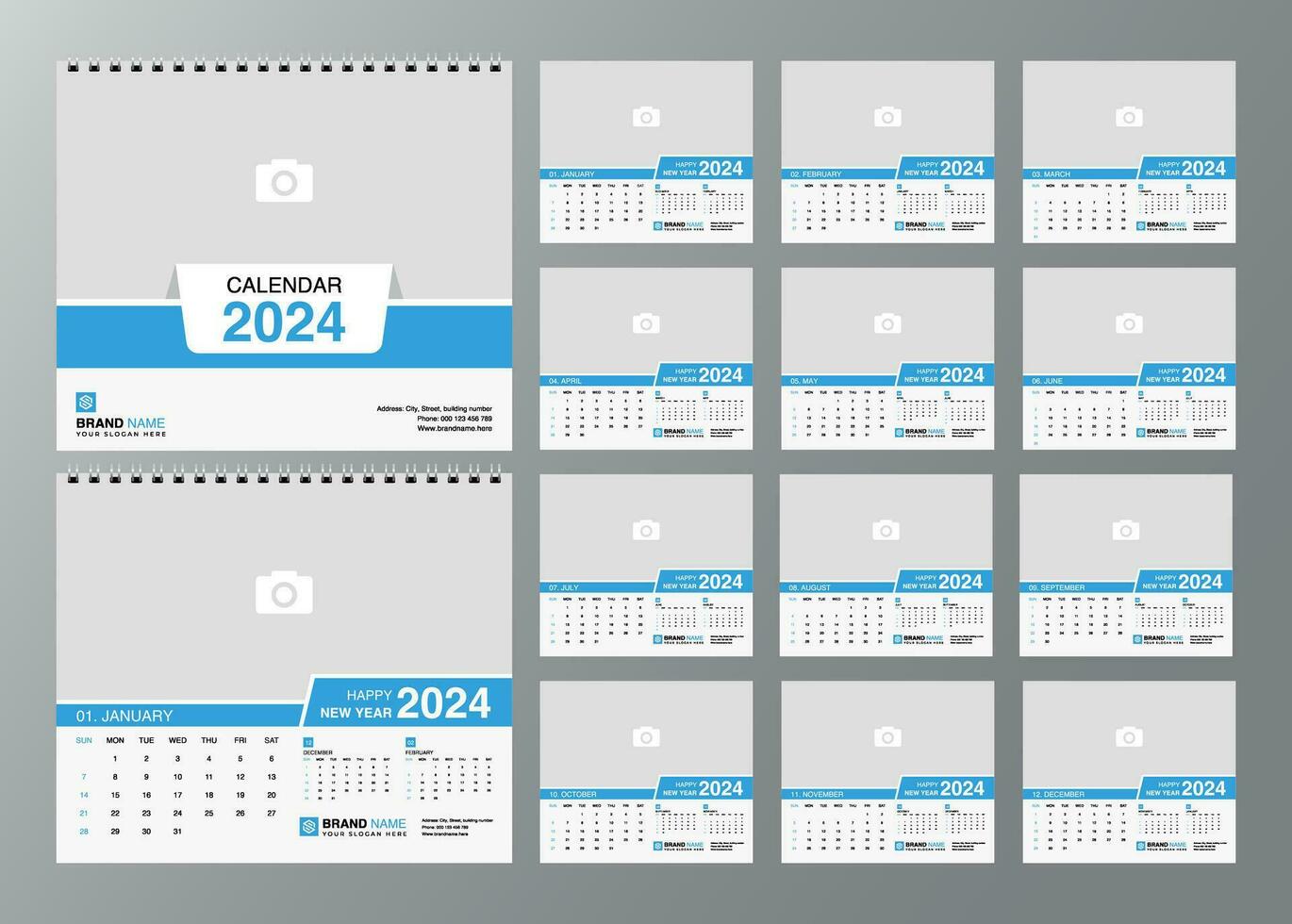 skrivbord kalender 2024 mall. 12 månader ingår. redigerbar 2024 kalender design. vektor illusion