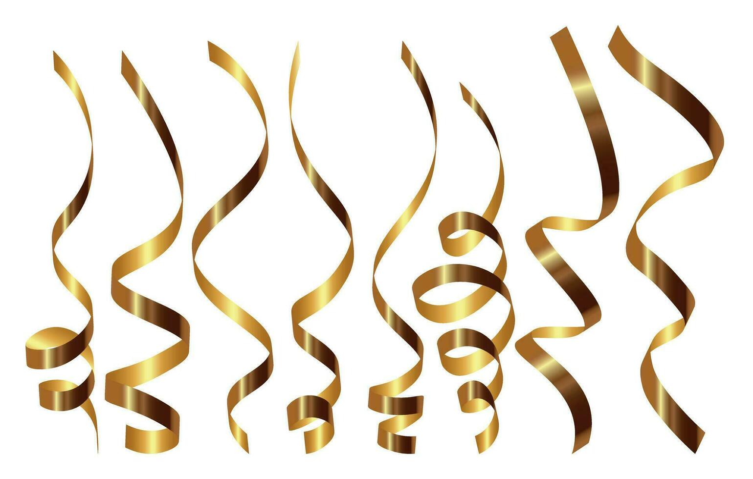 Gold glänzend Gradient verdrehte Bänder Satz. Dekoration zum Karneval Party, Urlaub Fall, Neu Jahr, Weihnachten, Hochzeit Zeremonie. Serpentin und Konfetti isoliert auf transparent Hintergrund. Illustration vektor