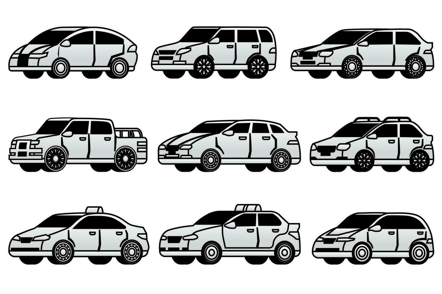 annorlunda typ bilar samling. bil illustration uppsättning med svart och vit bilar. transport, fordon illustrationer uppsättning. vektor