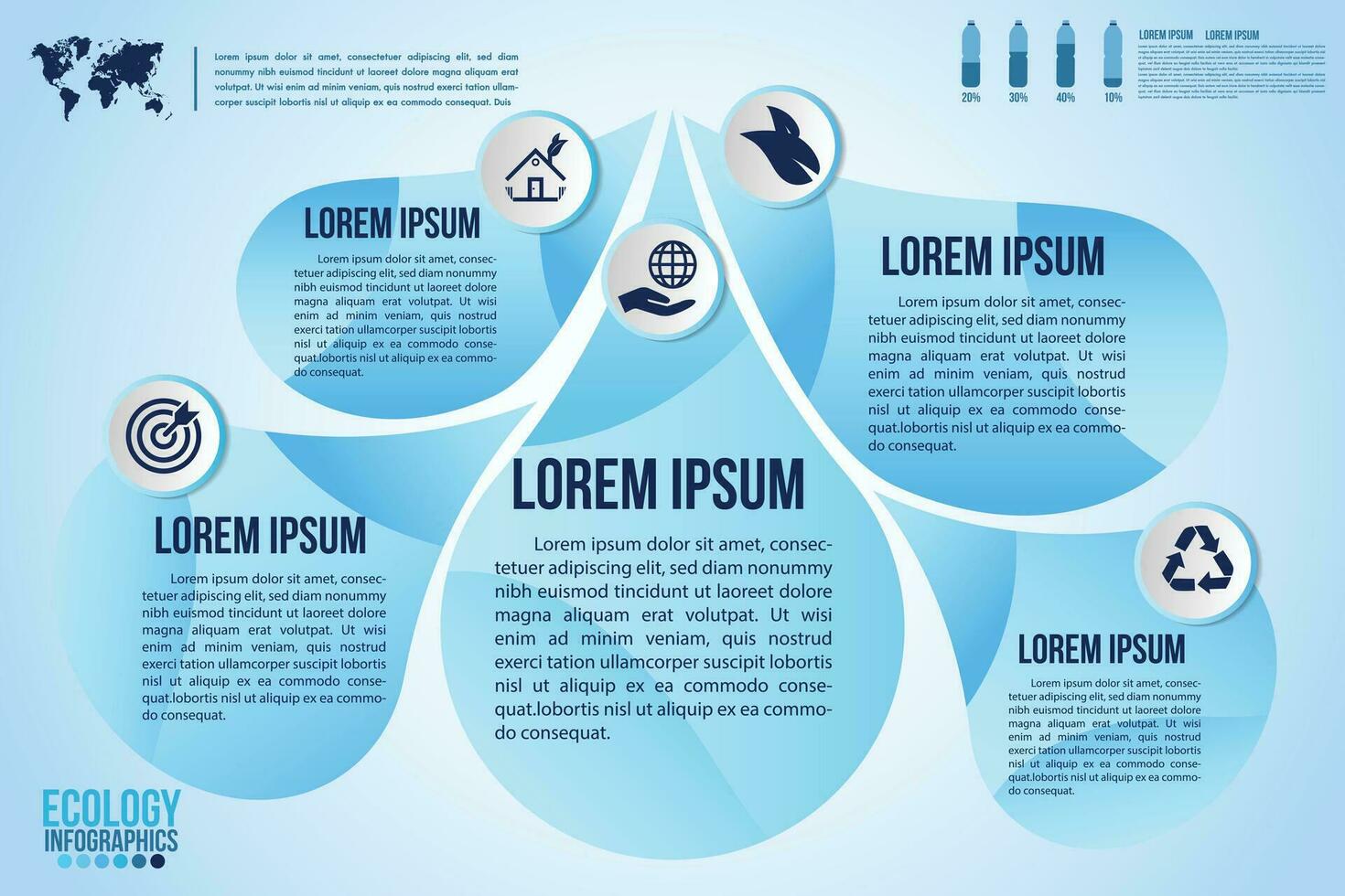Infografik Öko Wasser Blau Design Elemente Prozess 5 Schritte oder Optionen Teile mit fallen von Wasser. Ökologie organisch Natur Vektor Geschäft Vorlage zum Präsentation.