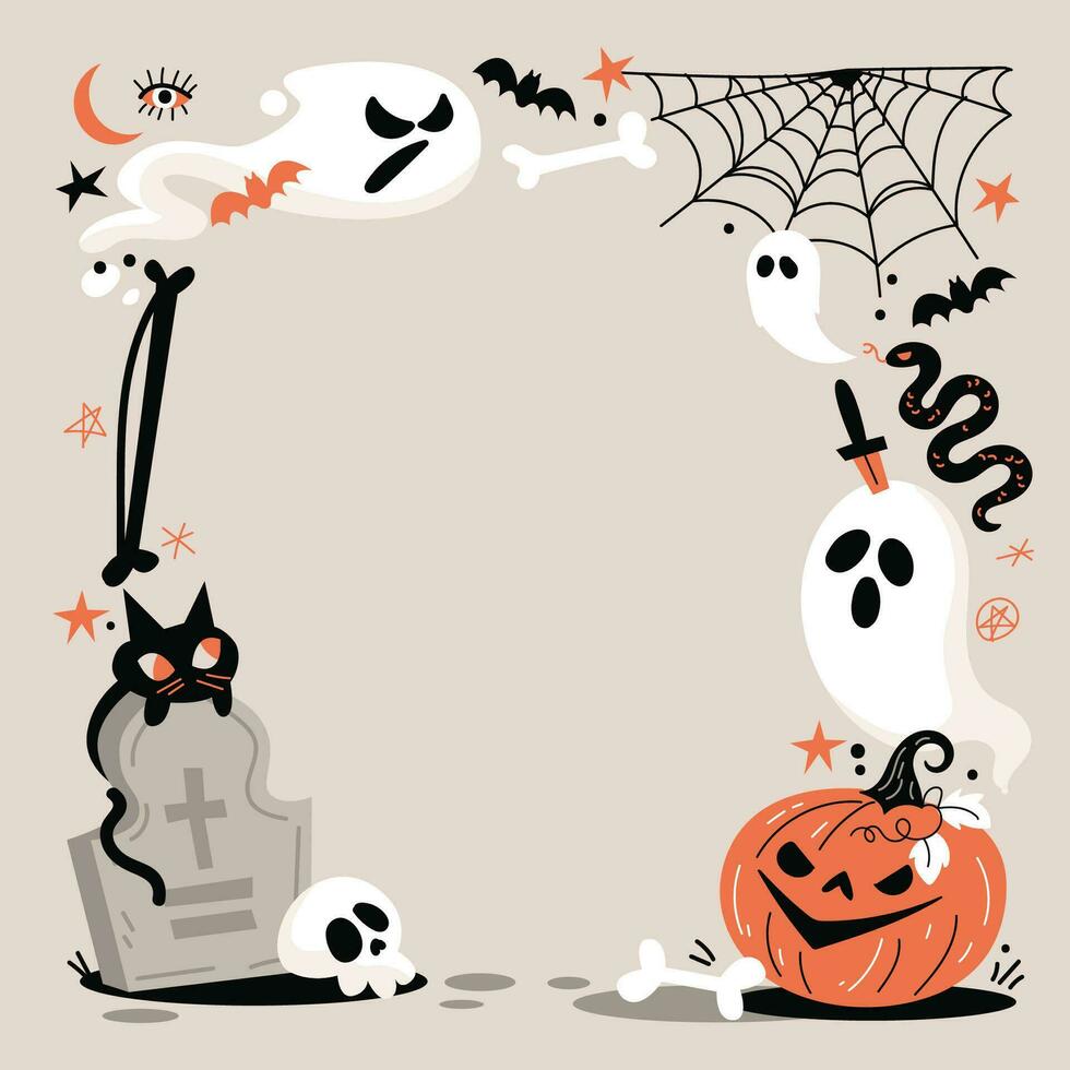 Halloween Rahmen mit Geister, Fledermäuse, Grabstein und Katze vektor