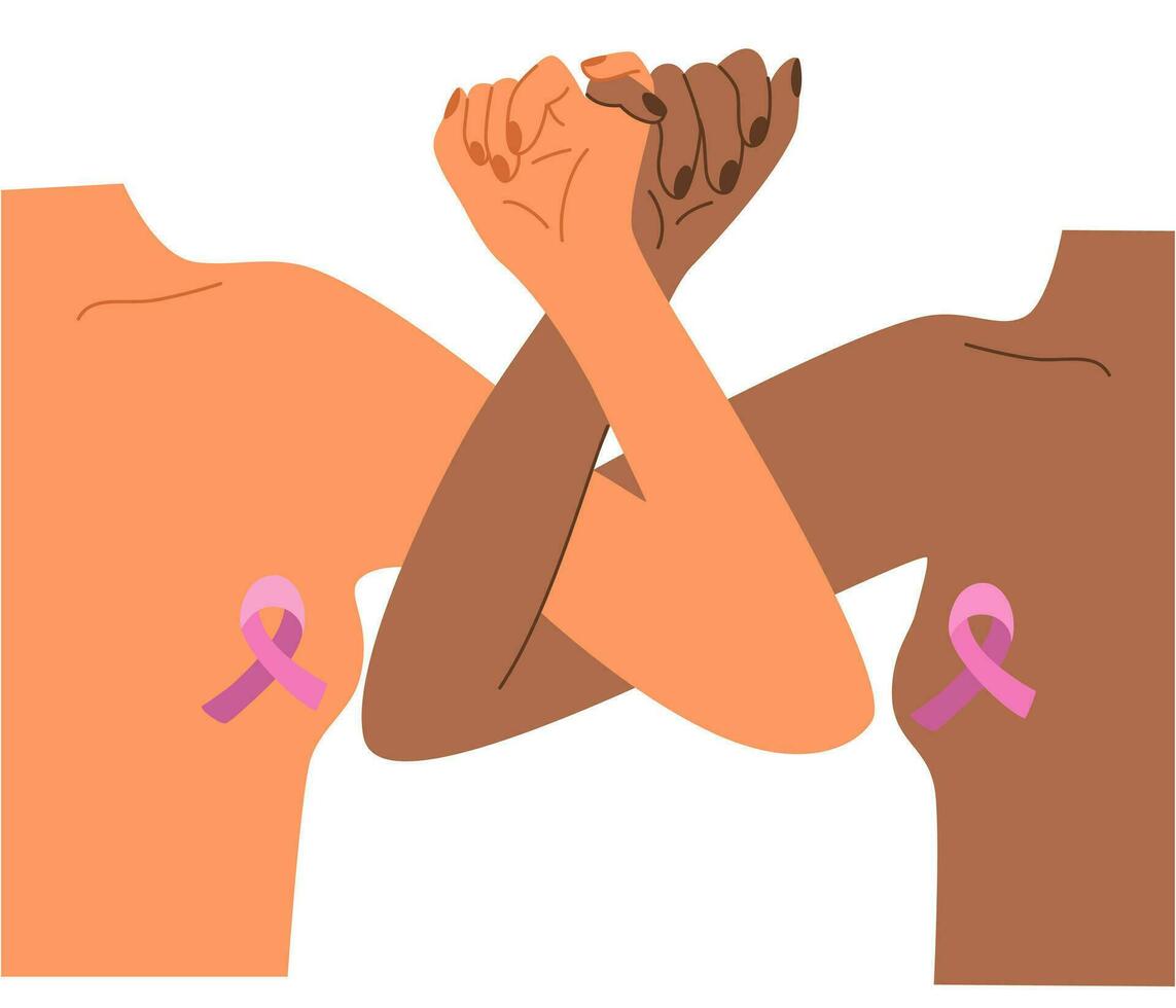 bröst cancer medvetenhet och förebyggande begrepp, multietnisk kvinnor innehav händer. rosa oktober månad kvinna sjukvård kampanj solidaritet webb mall design. rosa tober vektor tecknad serie illustration