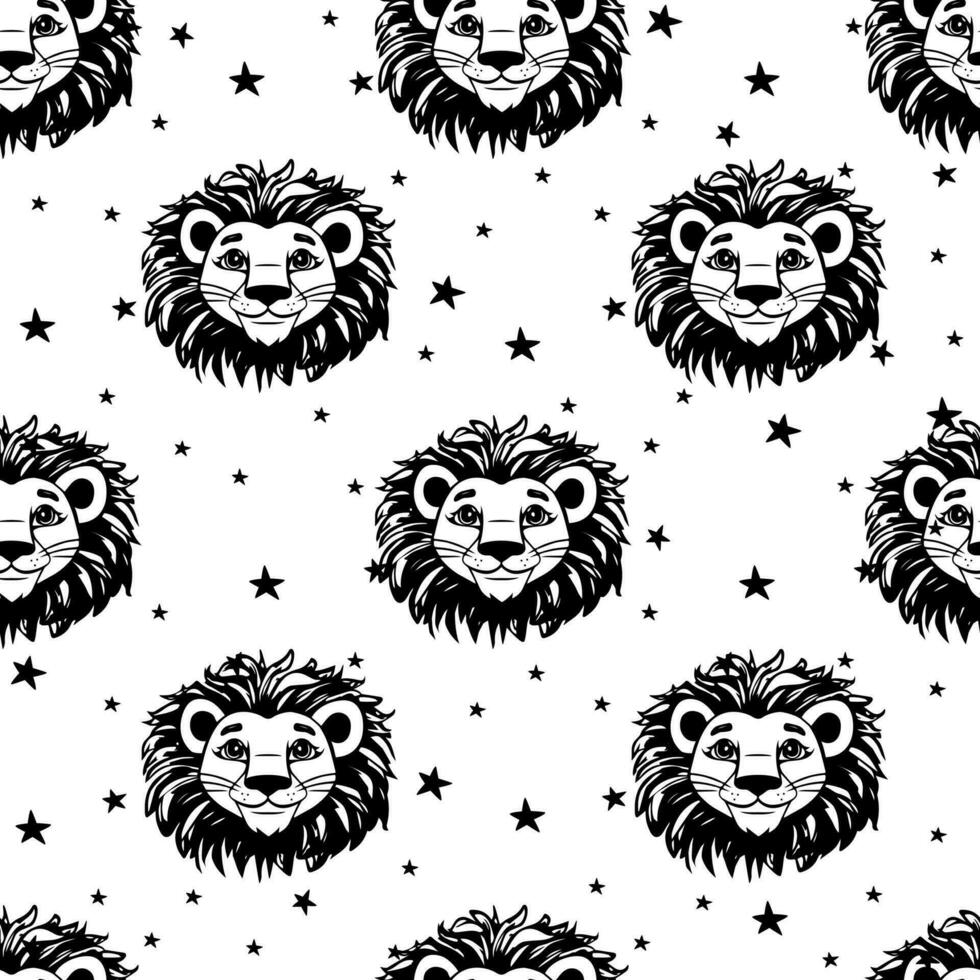 sömlös mönster för barn med söt lejon. hand dragen klotter lejon huvud med stjärnor bakgrund. tecknad serie djur- vektor illustration. tapet för barn