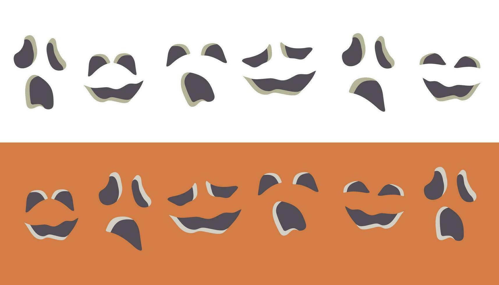 Hand gezeichnet gespenstisch Gesichter isoliert auf Weiß und Orange Hintergrund. einstellen von Halloween gruselig Monster mit anders Emotionen und Gesichts- Ausdrücke. Vektor Karikatur Illustration zum Halloween Party