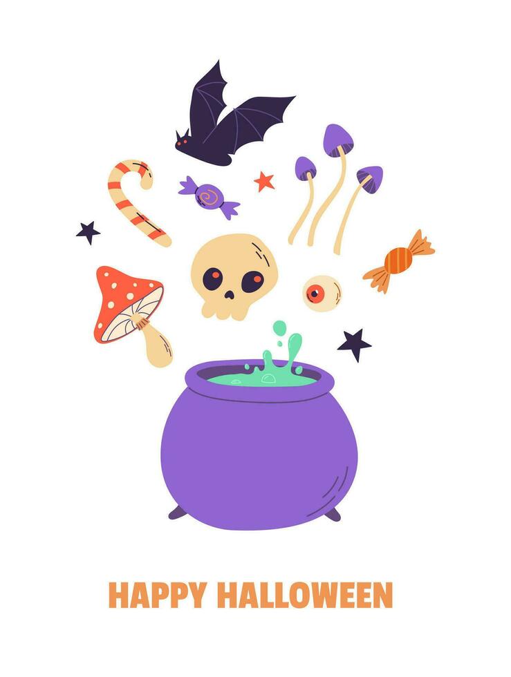 halloween fest affisch, baner, kort, inbjudan. lura eller behandla. häxans kittel, fladdermus, förgifta, svamp, skalle, godis, öga. vektor illustration