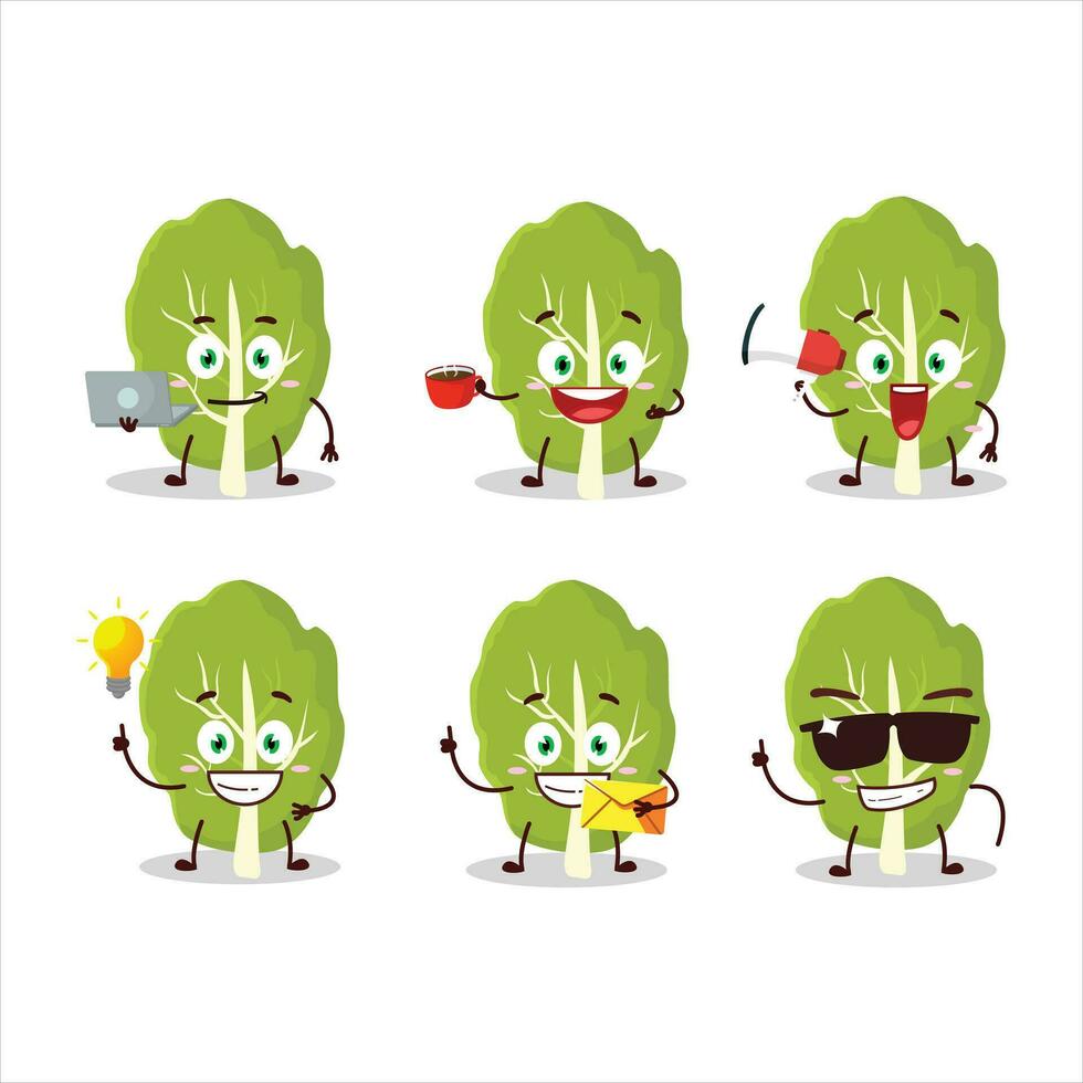 collard grönt tecknad serie karaktär med olika typer av företag uttryckssymboler vektor