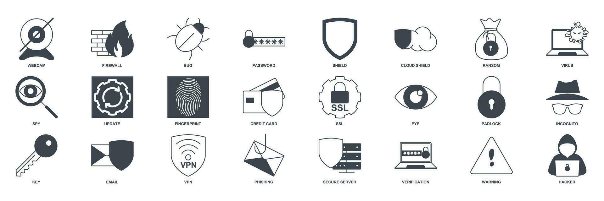 Cyber Sicherheit Symbol Satz, inbegriffen Symbole wie Schild, Passwort, Fehler und Mehr Symbole Sammlung, Logo isoliert Vektor Illustration