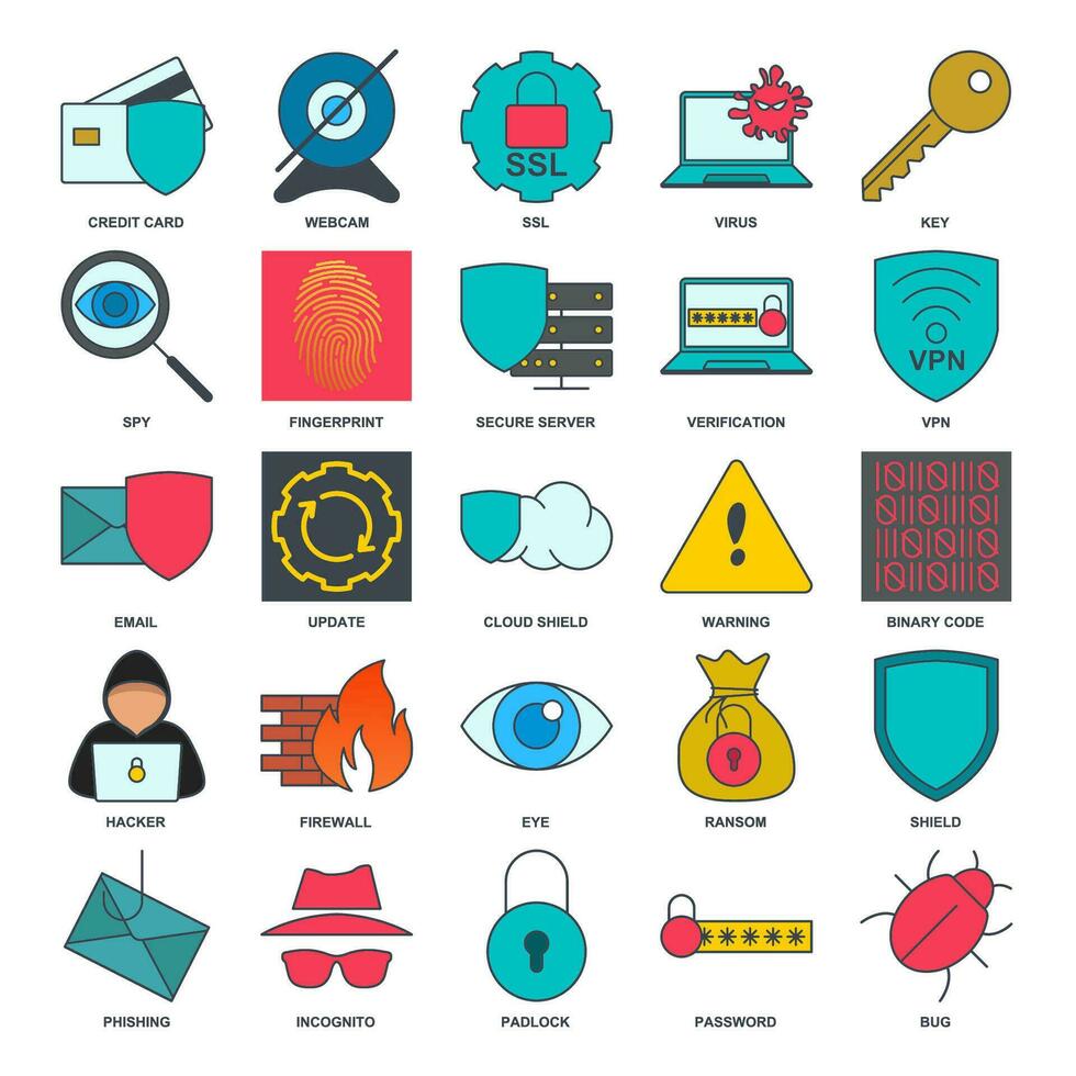 Cyber Sicherheit Symbol Satz, inbegriffen Symbole wie Schild, Passwort, Fehler und Mehr Symbole Sammlung, Logo isoliert Vektor Illustration