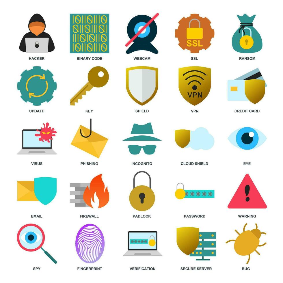 cyber säkerhet ikon uppsättning, inkluderad ikoner som skydda, Lösenord, insekt och Mer symboler samling, logotyp isolerat vektor illustration