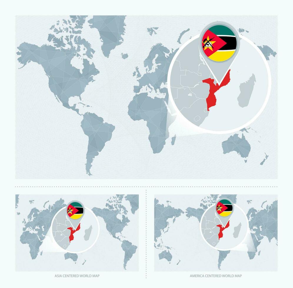 vergrößert Mozambique Über Karte von das Welt, 3 Versionen von das Welt Karte mit Flagge und Karte von Mosambik. vektor