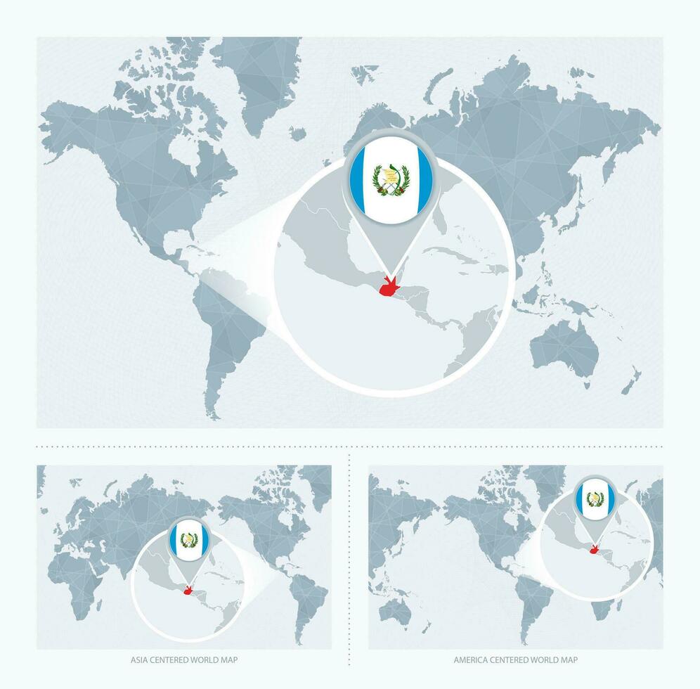 vergrößert Guatemala Über Karte von das Welt, 3 Versionen von das Welt Karte mit Flagge und Karte von Guatemala. vektor