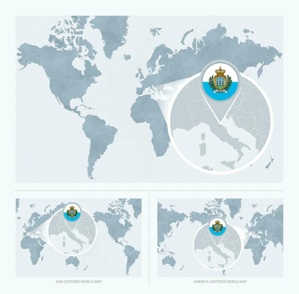 förstorade san marino över Karta av de värld, 3 versioner av de värld Karta med flagga och Karta av san marino. vektor