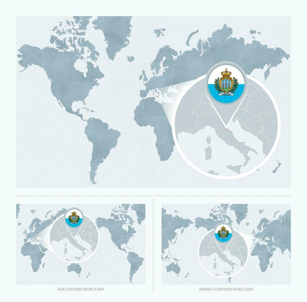 vergrößert san Marino Über Karte von das Welt, 3 Versionen von das Welt Karte mit Flagge und Karte von san Marino. vektor