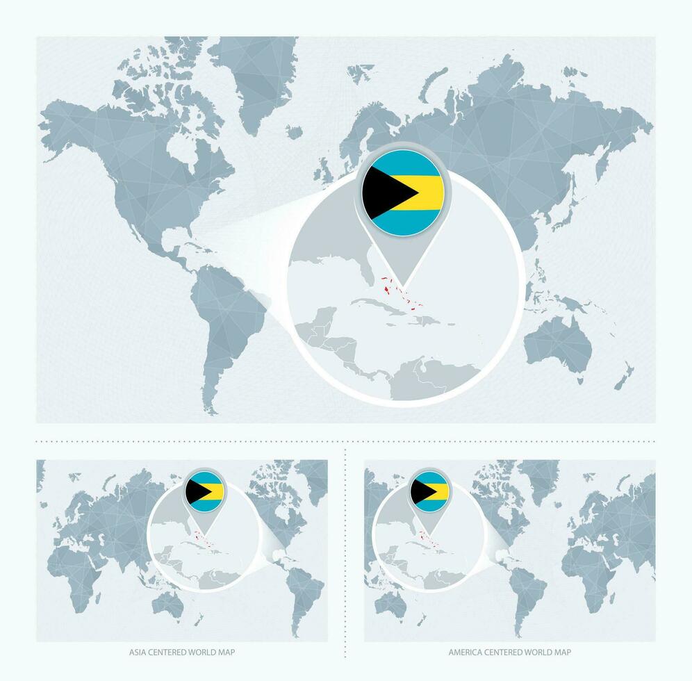 förstorade de Bahamas över Karta av de värld, 3 versioner av de värld Karta med flagga och Karta av de Bahamas. vektor