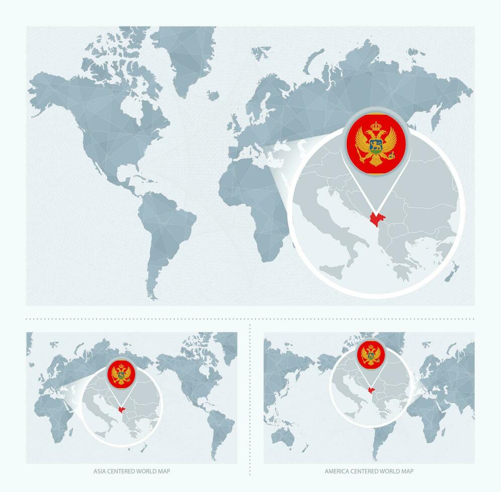 förstorade monte över Karta av de värld, 3 versioner av de värld Karta med flagga och Karta av montenegro. vektor