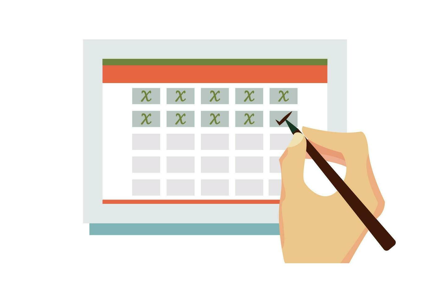 Hand mit Stift Kennzeichen Kalender, das Kalender Symbol repräsentiert ein visuell Darstellung von Markierung ein Spezifisch Datum, Portion wie ein Symbol zum Planung und Agenda Verwaltung auf Ihre Webseite oder Anwendung. vektor