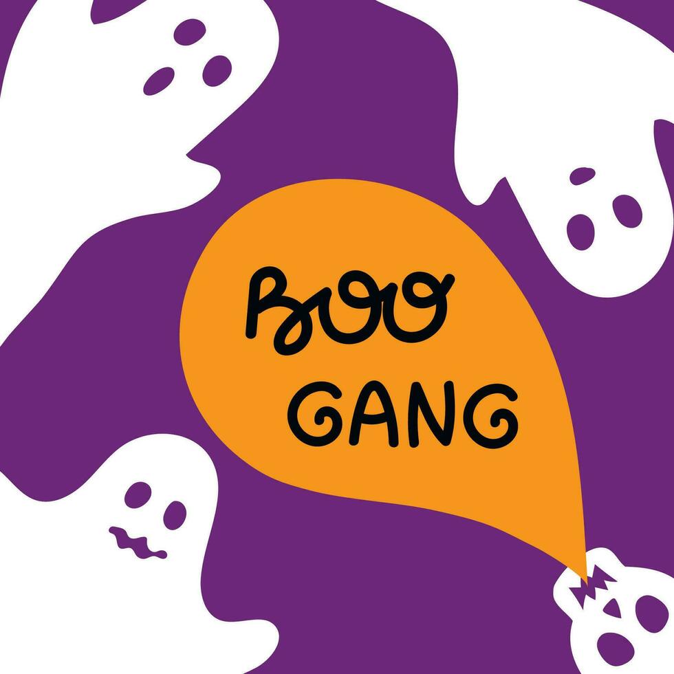 glücklich Halloween. einfach Postkarte mit Weiß Geister und Rede Blase auf lila Hintergrund. Gruß Karte. Zitat Boo Gang. eben Design. Vektor Illustration