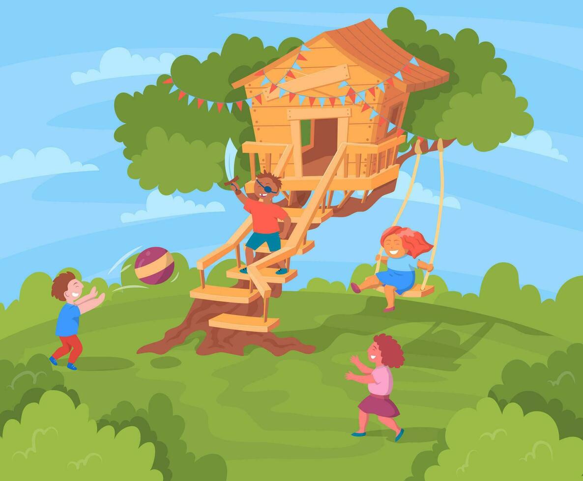 tecknad serie Färg tecken barn spelar på träd hus. vektor