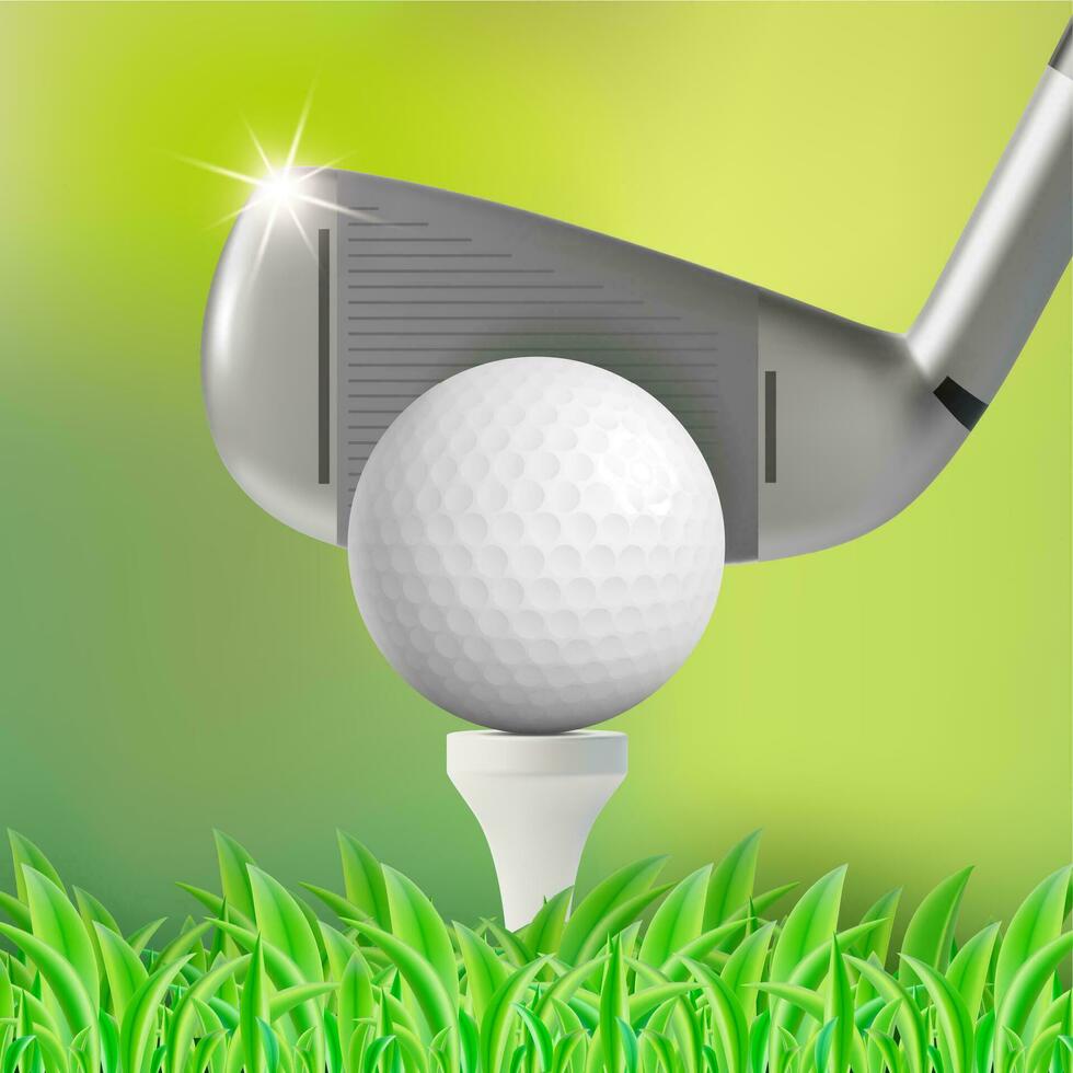 realistisch detailliert 3d Golf Ball und Stock auf ein Grün Feld Hintergrund. Vektor
