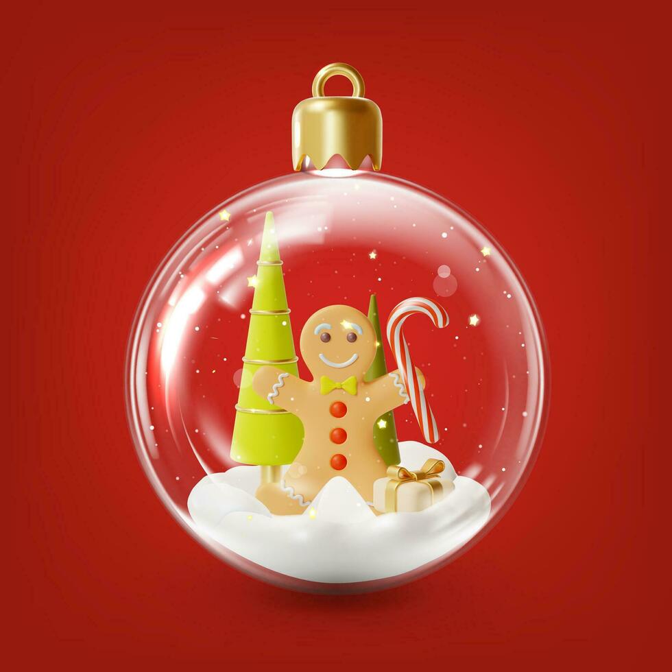 3d jul träd dekoration glas boll transparent inuti snö och pepparkaka man tecknad serie stil. vektor