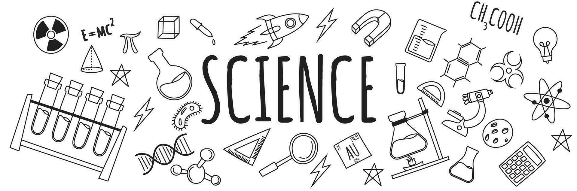 Wissenschaft Symbol Gekritzel Hand Zeichnung einfarbig schwarz Schule, Chemie, Mathematik, Biologie, Physik, Element Hand Zeichnung vektor