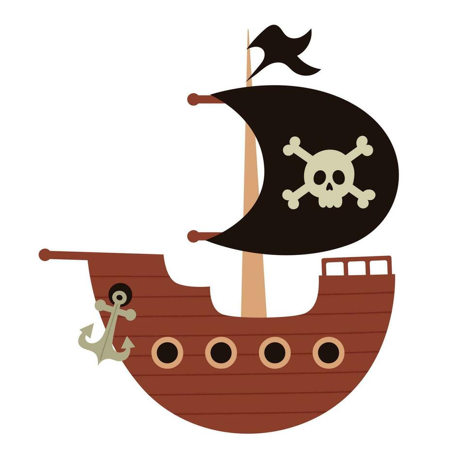 hölzern Pirat Schiff mit ein schwarz Flagge mit ein Schädel und Kreuzknochen. Hand gezeichnet Karikatur Vektor Illustration isoliert auf Weiß Hintergrund