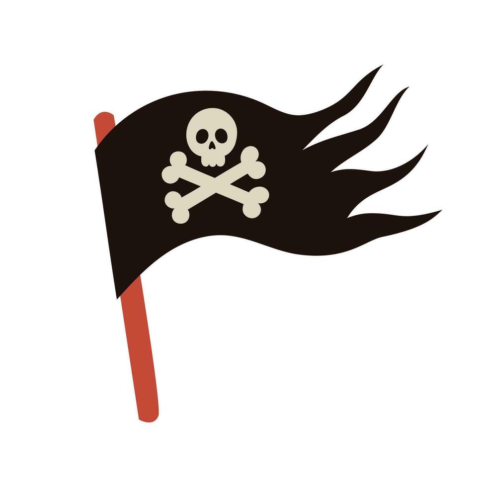 Pirat schwarz Flagge mit Schädel und Kreuzknochen. Hand gezeichnet Karikatur Vektor Illustration isoliert auf Weiß Hintergrund