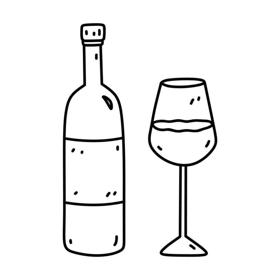 vin flaska och vin glas isolerat på vit bakgrund. alkoholhaltig dryck. vektor ritad för hand illustration i klotter stil. perfekt för kort, meny, dekorationer, logotyp, olika mönster.