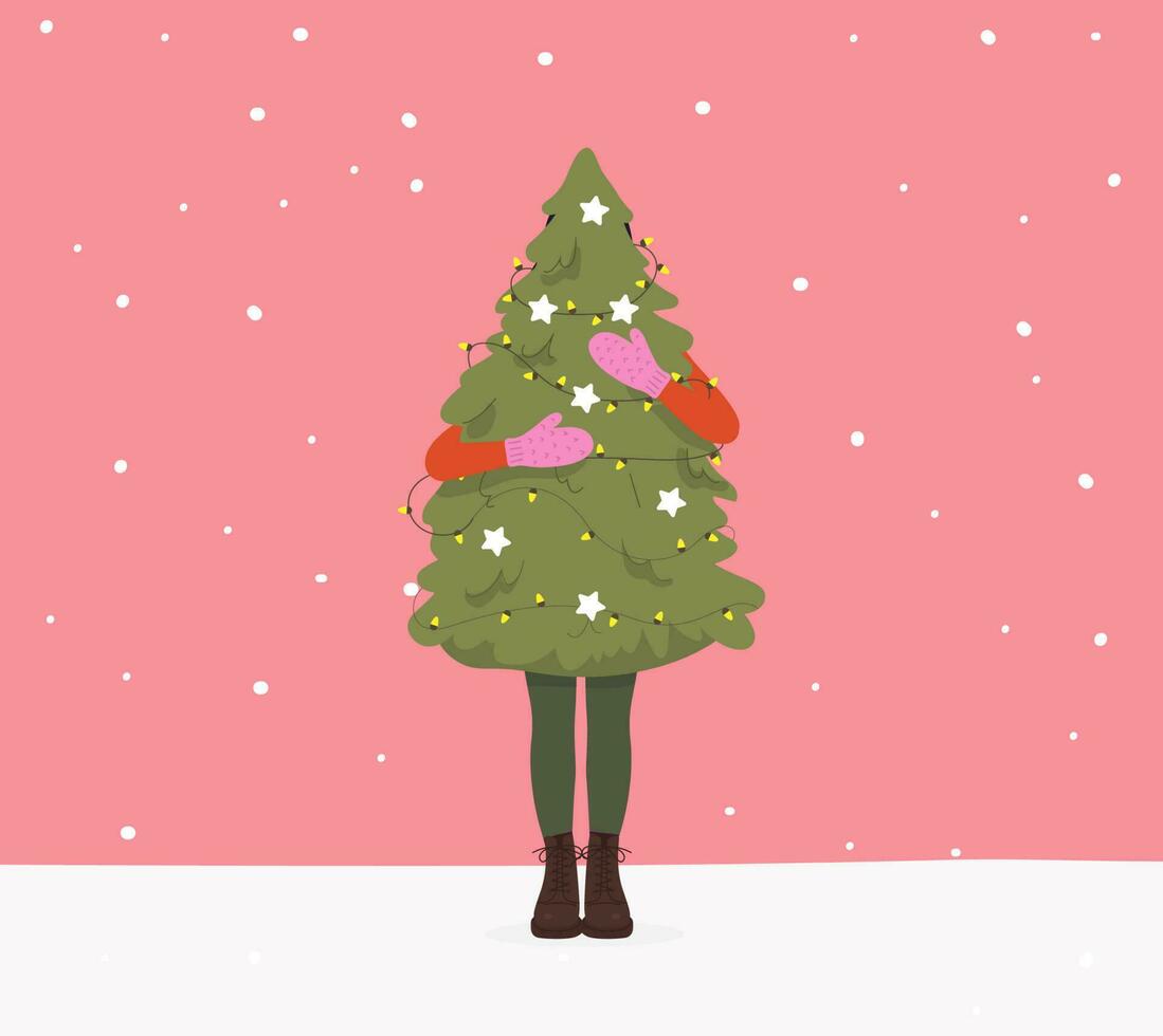 Mädchen halten Weihnachten Baum. süß Weihnachten Gruß Karte. Vektor