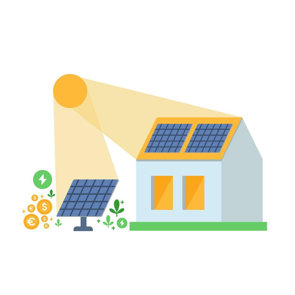 pv Paneele zum Speichern Geld und Umgebung Konzept. verlängerbar Energie Konzept. Vektor Illustration isoliert auf Weiß.