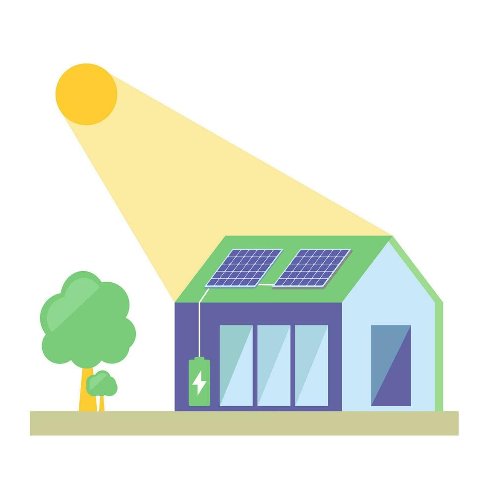 olar batteri på modern hus. hållbar solceller sol- energi generation element. ekologisk hållbar energi tillförsel. vektor platt.