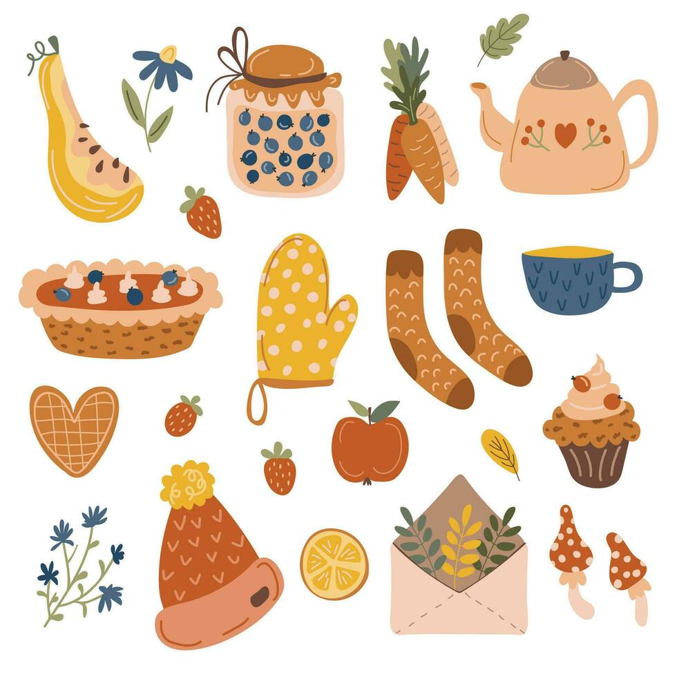 gemütlich Herbst. Hand Zeichnung. ein einstellen von Kuchen Elemente, ein Teekanne, Socken, ein Fäustling, ein Hut, ein Tasse, ein Karotte. Vektor Illustration