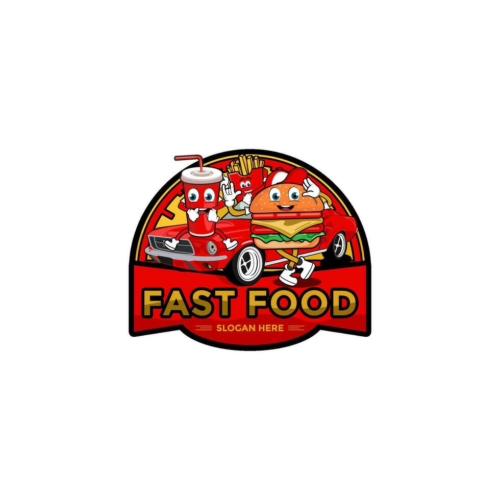 schnell Essen Logo Vektor Vorlage, Lieferung Essen mit Burger, trinken und Auto Symbol Vektor