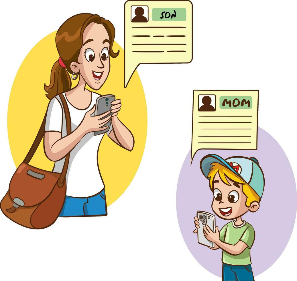 Mutter und Sohn mit Handy, Mobiltelefon Telefon. Vektor Illustration im Karikatur Stil.
