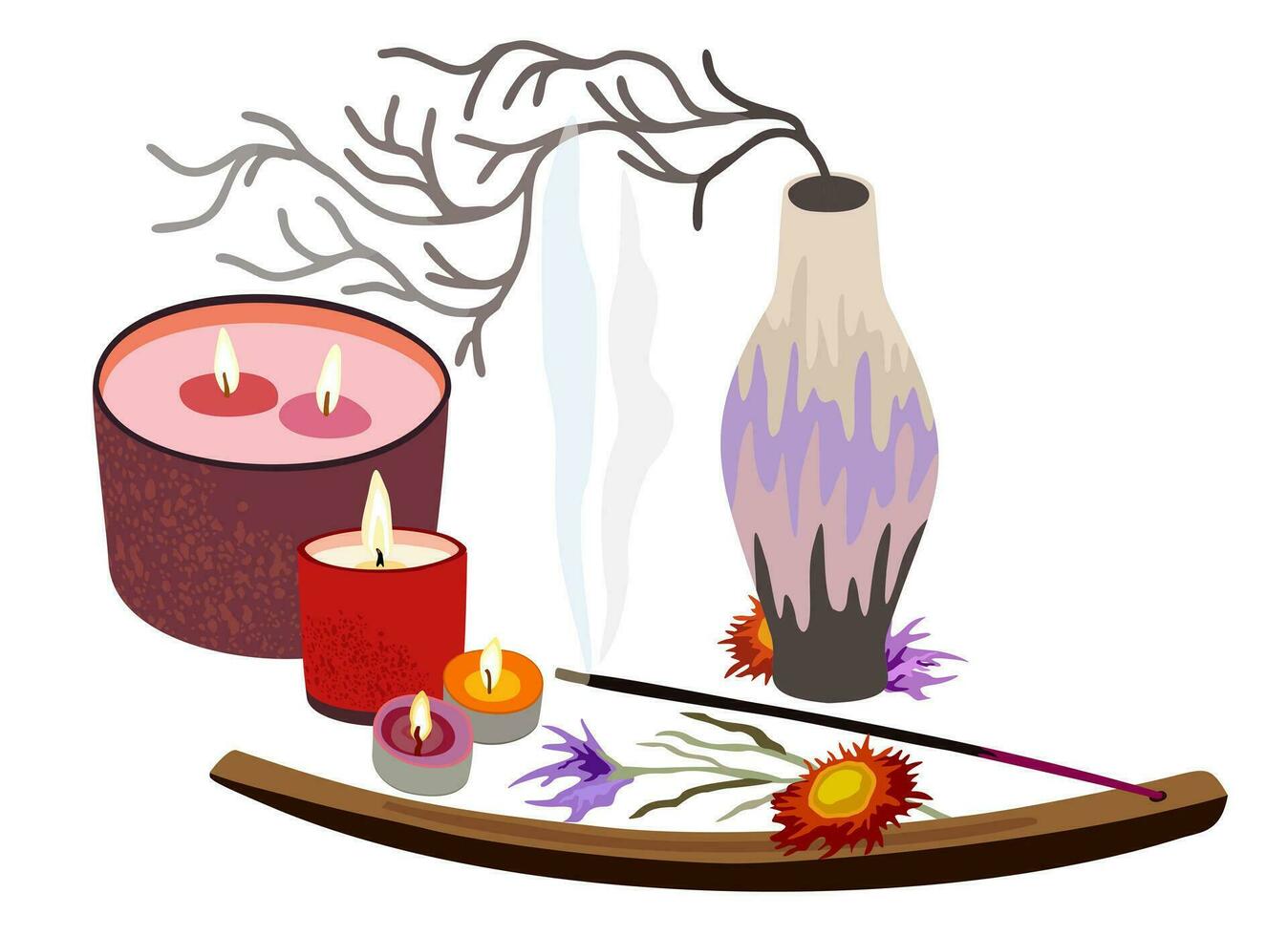 Aroma Kerzen und Stock auf hölzern Teller umgeben mit trocken Blumen und Ast auf Vase. Hygge Konzept. Vektor isoliert Illustration