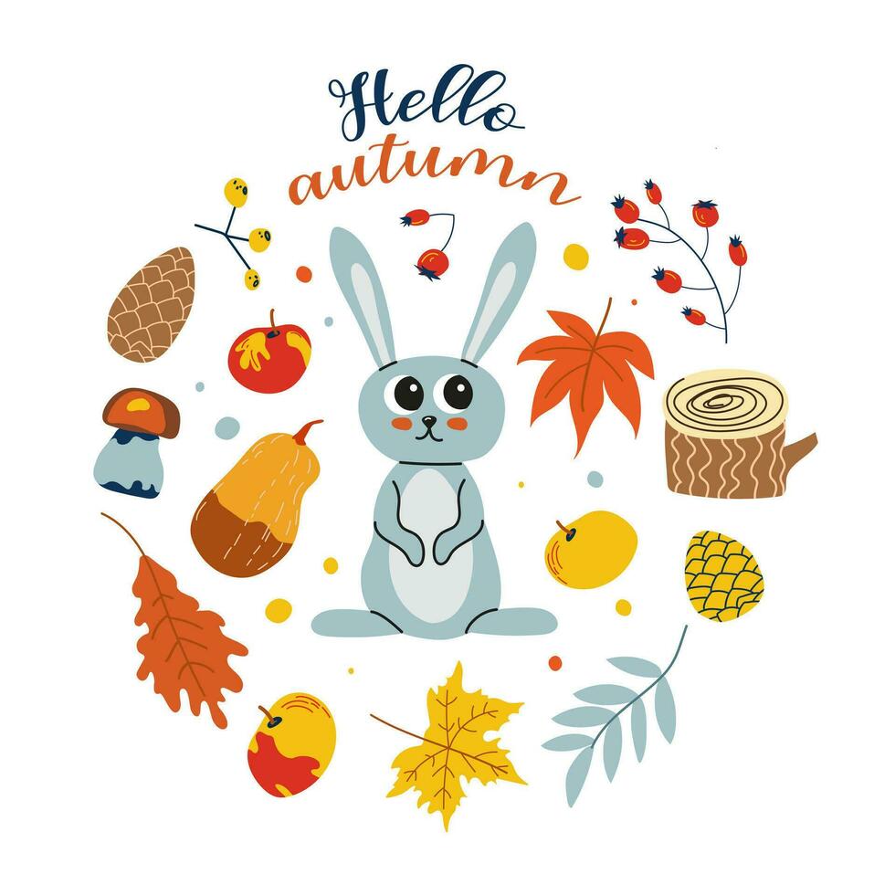 Hej höst. tecknad serie kanin, hand teckning text. kort med löv, höst element och söt skog djur- på vit bakgrund.design för kort, skriva ut, affisch. vektor
