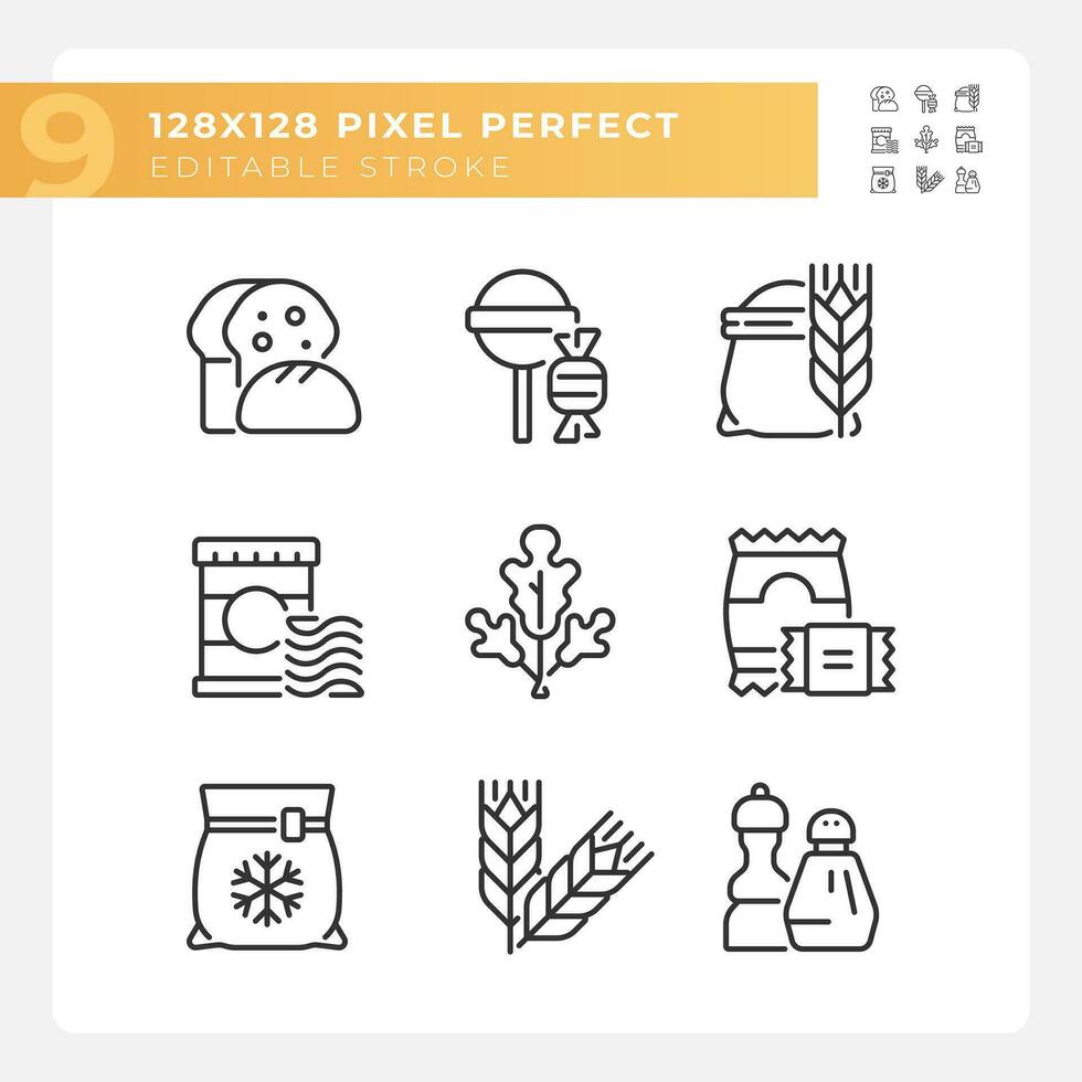 mataffär Produkter pixel perfekt linjär ikoner uppsättning. matvaror Lagra mat. handla vagn. dagligen förnödenheter. anpassningsbar tunn linje symboler. isolerat vektor översikt illustrationer. redigerbar stroke
