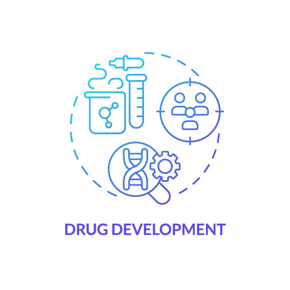 läkemedel utveckling blå lutning begrepp ikon. identifiera biomarkörer associerad med apotek svara. Ansökan av precision medicin abstrakt aning tunn linje illustration. isolerat översikt teckning vektor