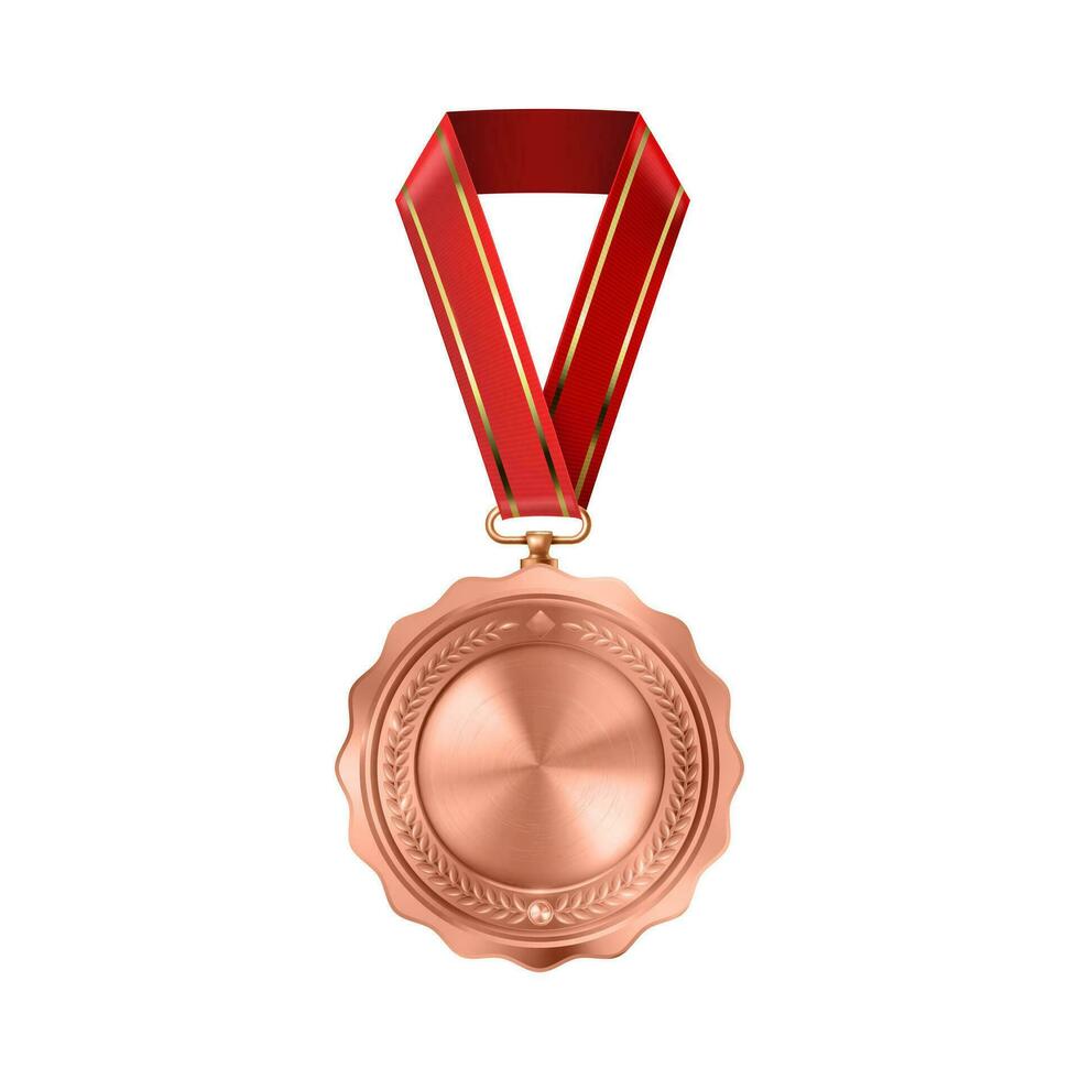 realistisch Bronze- leeren Medaille auf rot Schleife. Sport Wettbewerb Auszeichnungen zum dritte Ort. Meisterschaft Belohnung zum Siege und Erfolge vektor