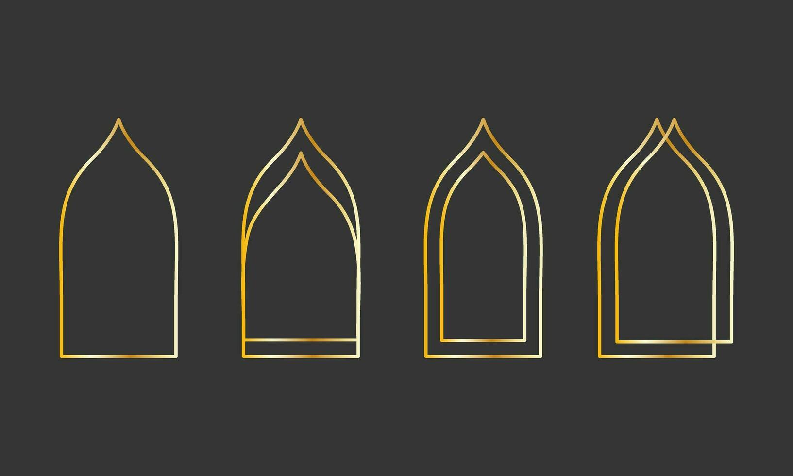 gyllene geometrisk ramar. guld fönster i arabicum stil. tunn linje båge uppsättning för inbjudan dekoration. vektor illustration på svart bakgrund. isolerat