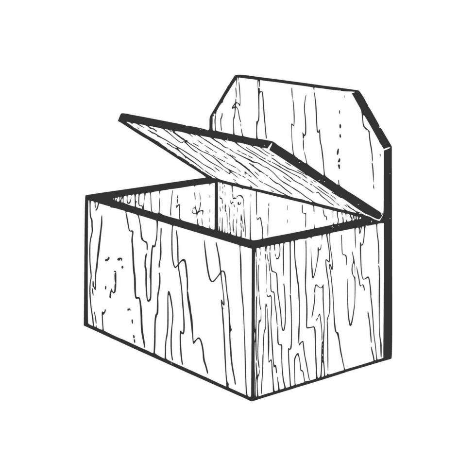trä- låda. hand dragen bläck illustration. svart och vit vektor teckning.