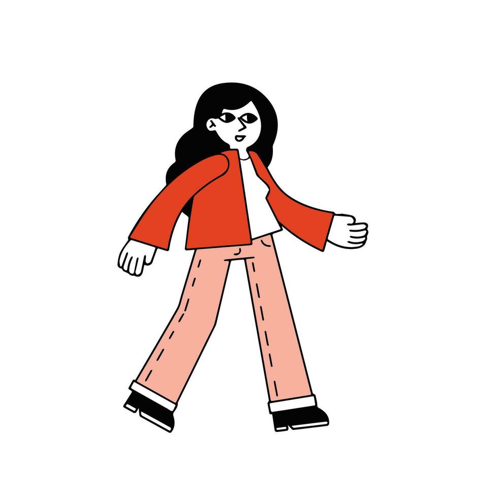kvinna springer. skyndar karaktär gester. platt tecknad serie illustration. Lycklig flicka i aktiva rörelse. översikt tecknad serie vektor