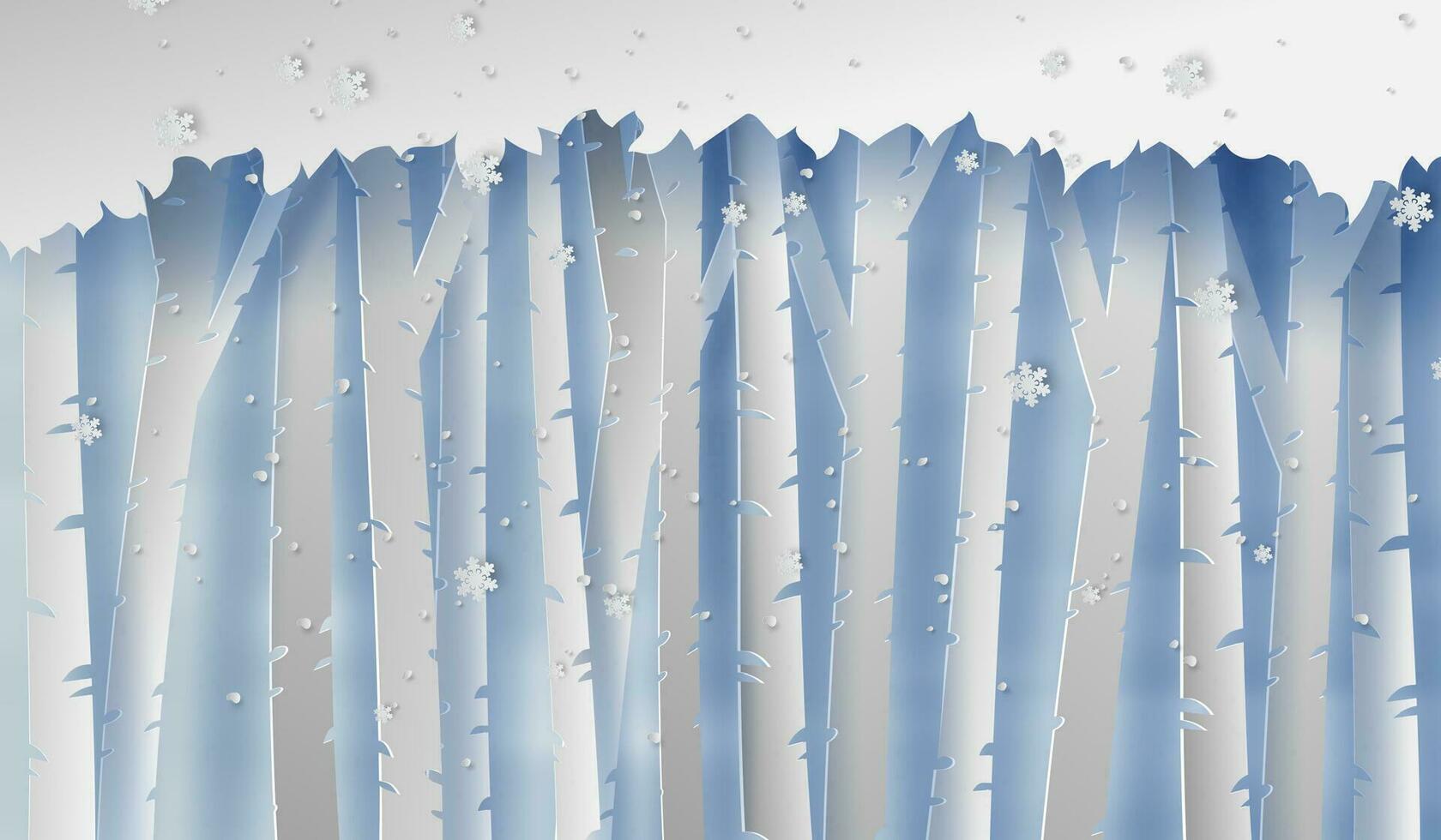 Illustration von Wald Landschaft mit Schneeflocken.Schnee und Winter Zeit Jahreszeit Wald Silhouette Hintergrund .kreativ Papier Schnitt und Kunst Stil zum fröhlich Weihnachten und glücklich Neu Jahr zum Karte, Vektor