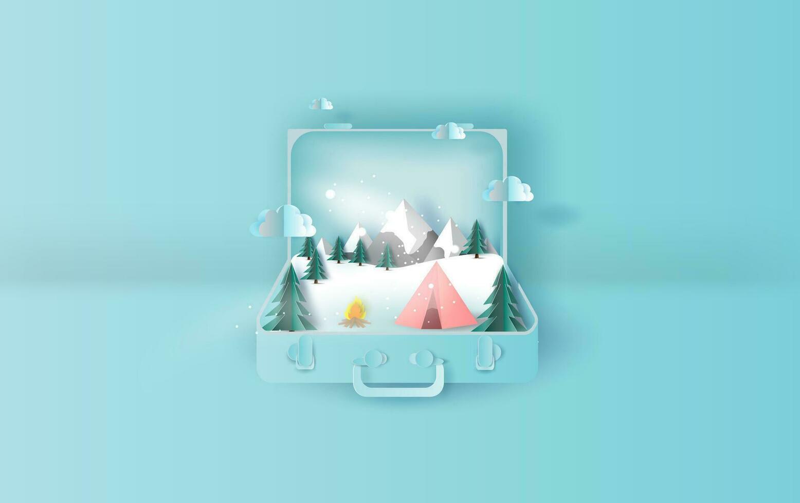 illustration av resa Semester tält camping resa vinter- resväska concept.graphic för snöfall vinter- säsong papper skära och hantverk stil.kreativ design aning för jul pastell bakgrund. vektor. vektor